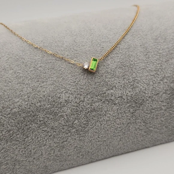 18K Gold Plated Dual-Chain Simulated Green Baguette and Round Zircon Necklace